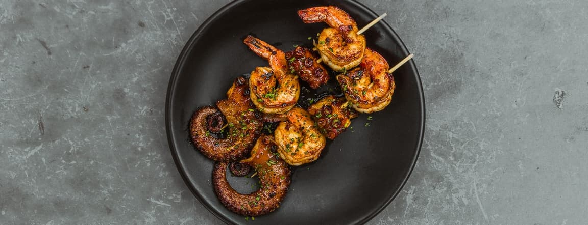 Marinated octopus & shrimp skewers