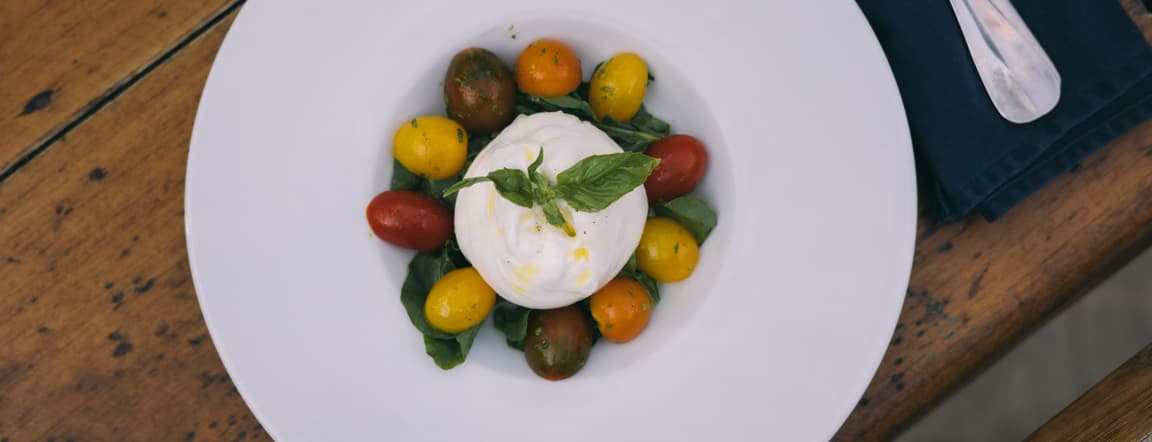 Burrata with a rainbow mix o cherry tomatoes