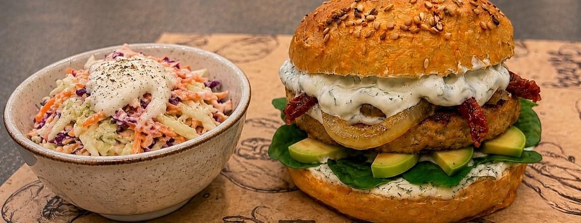 Fresh burger with coleslaw salad