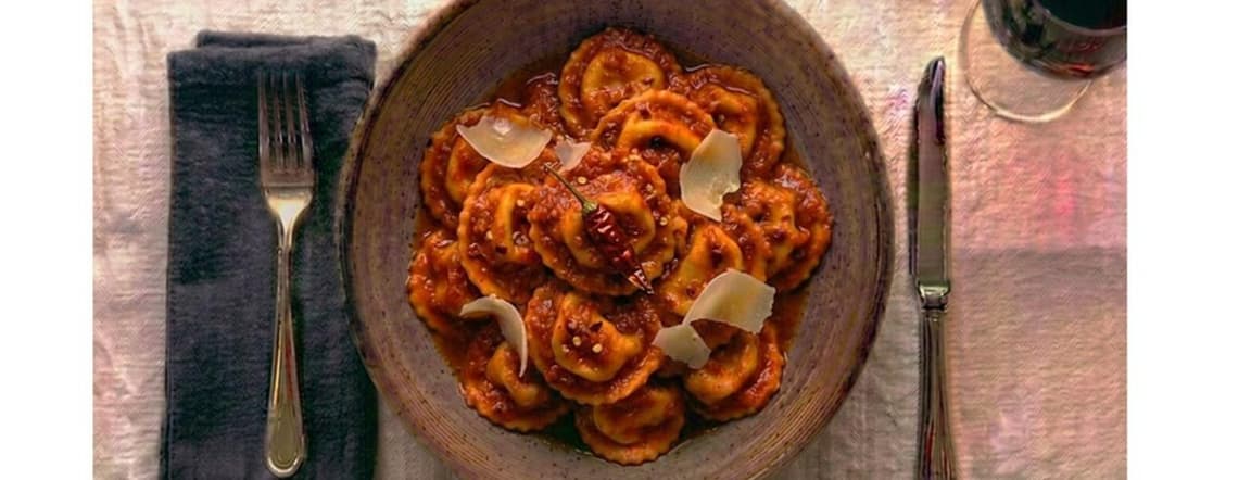 Mushroom ravioli in arrabbiata sauce