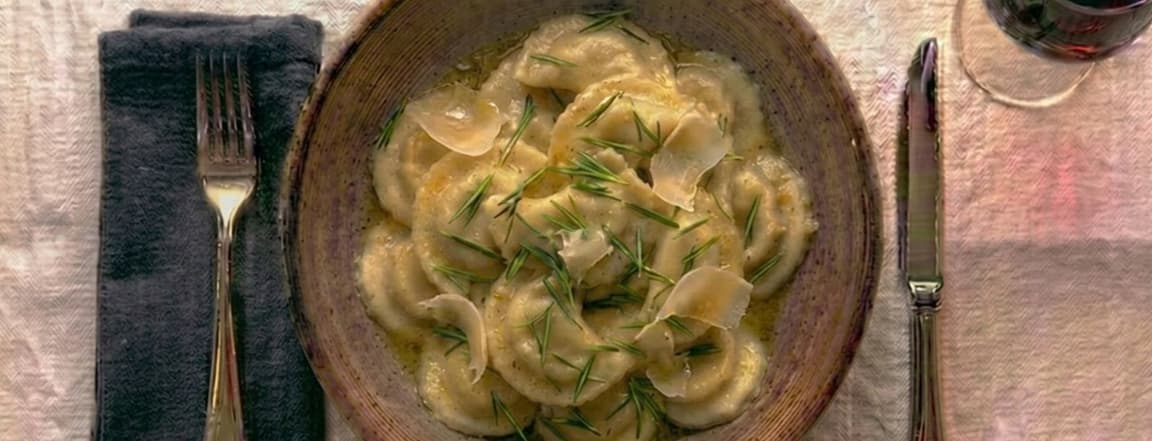 Mushroom ravioli in butter and rosemary sauce