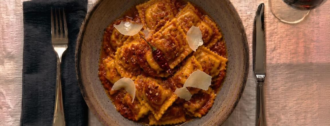 Ricotta and spinach ravioli in arrabbiata sauce