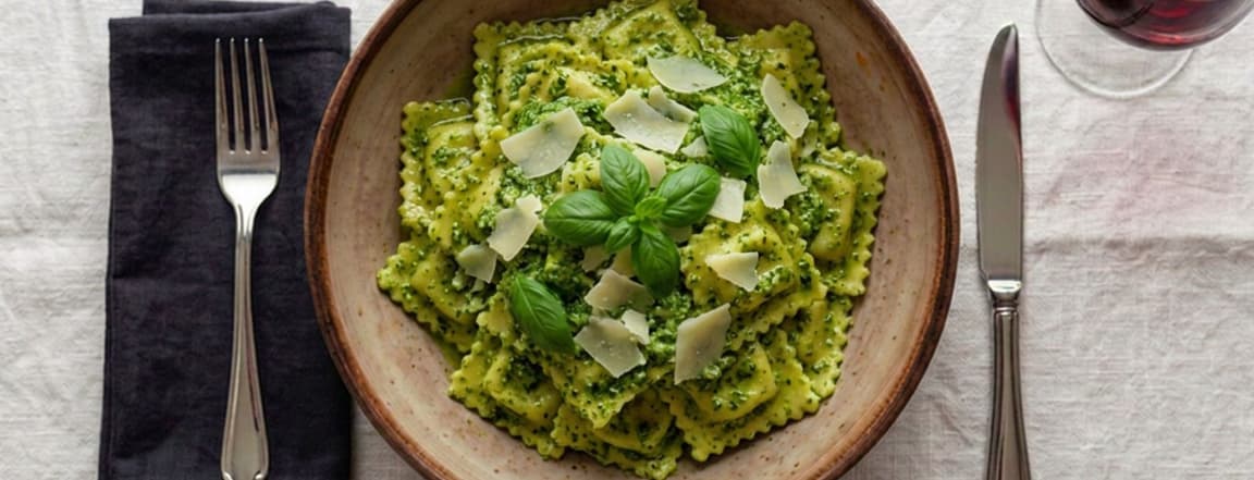 Ricotta and spinach ravioli with pesto sauce