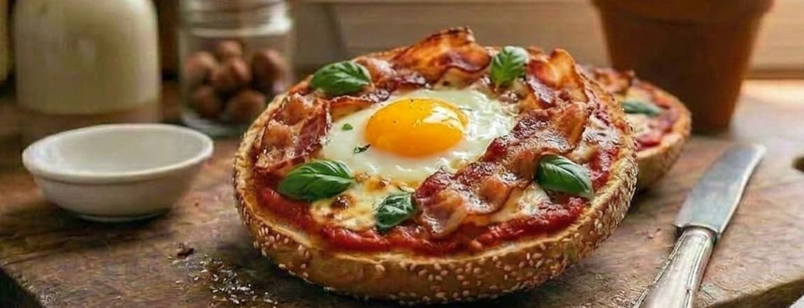 Fried eggs and bacon pizza