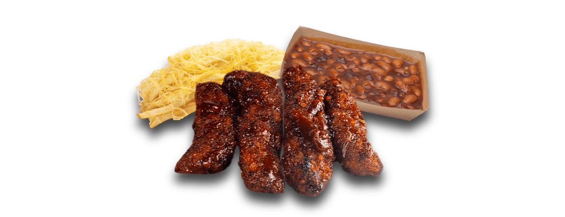 Smoked & pan-fried chicken breast strips + 2 sides