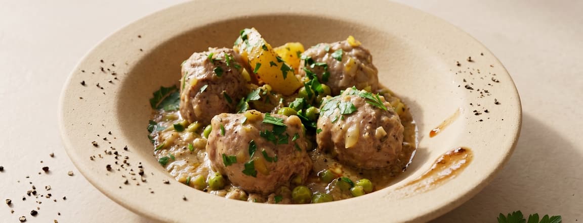 🇮🇹 Gourmet beef meatballs - slow-cooked with peas & potatoes