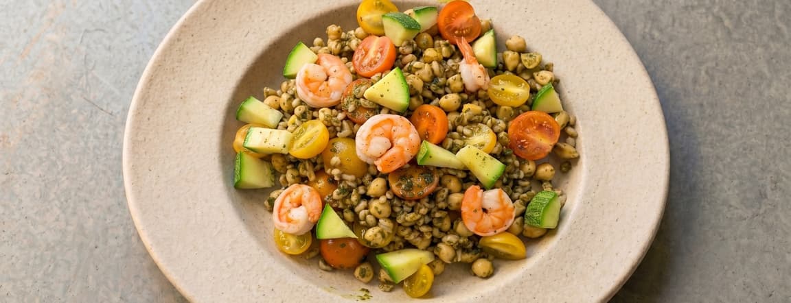 Ancient farro & chickpea cold salad with shrimp & artisanal pesto
