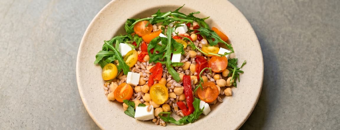 Ancient farro, chickpea & mediterranean feta cold salad