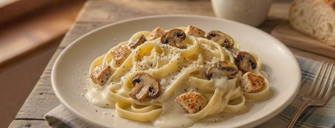 Alfredo spaghetti or fettuccine pasta with chicken and mushrooms