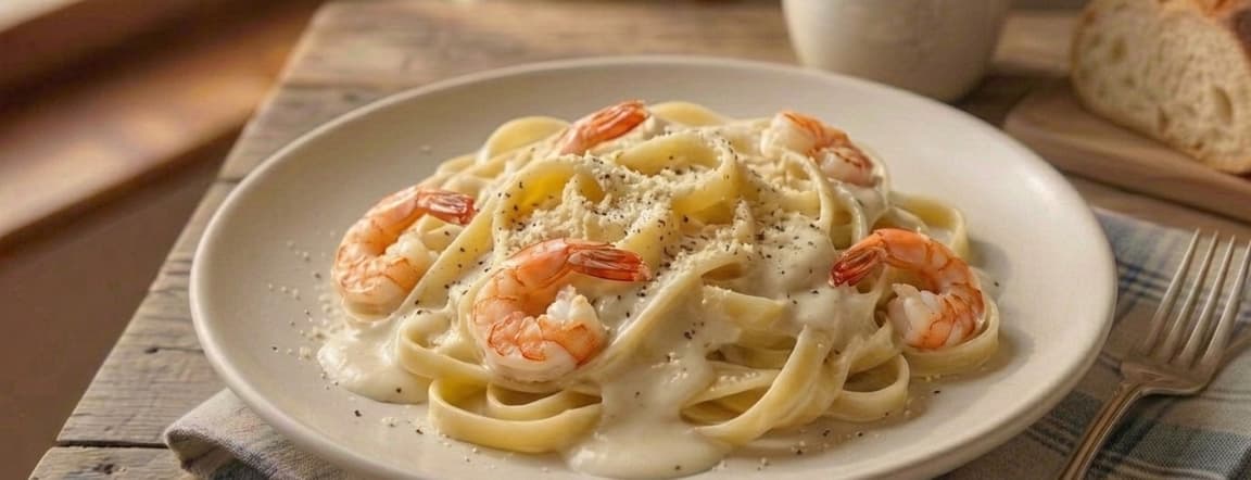 Alfredo spaghetti or fettuccine pasta with shrimps