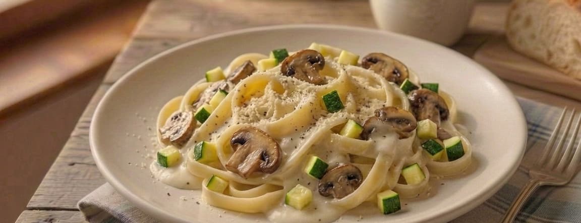 Alfredo spaghetti or fettuccine pasta with zucchini and mushrooms