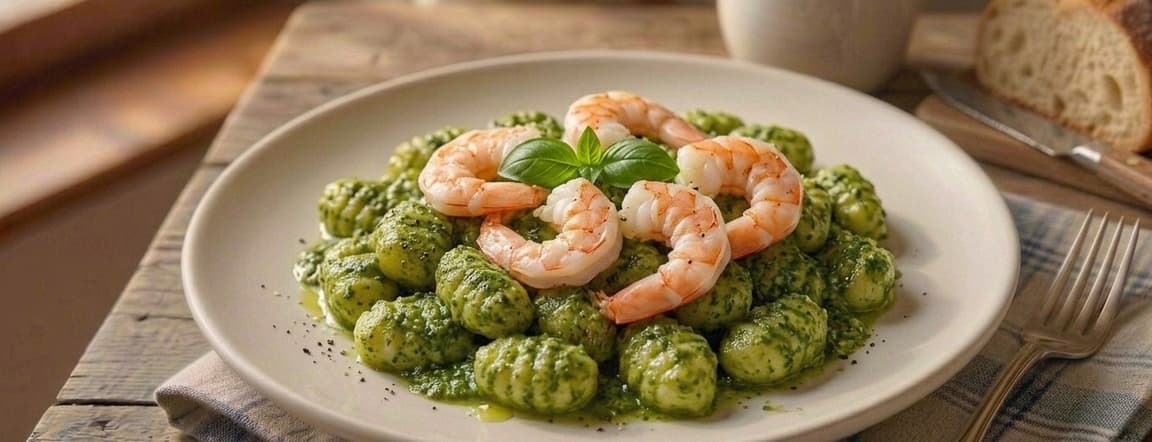 Gnocchi with shrimps and pesto sauce
