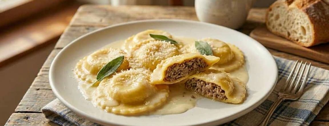 Meat ravioli with aromatic sauce or cream