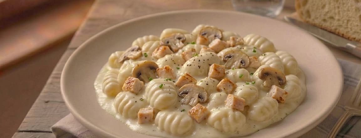 Alfredo gnocchi pasta with chicken and mushroom