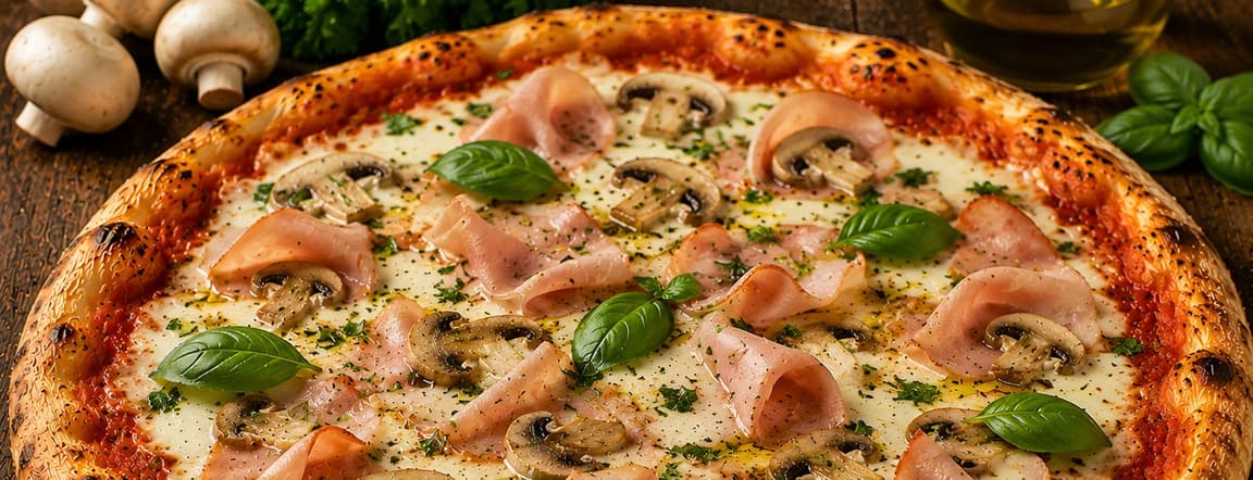 Turkey ham and mushroom pizza