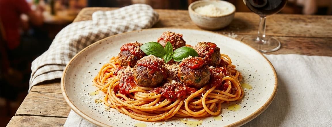 Spaghetti or fettuccine pasta with meatball