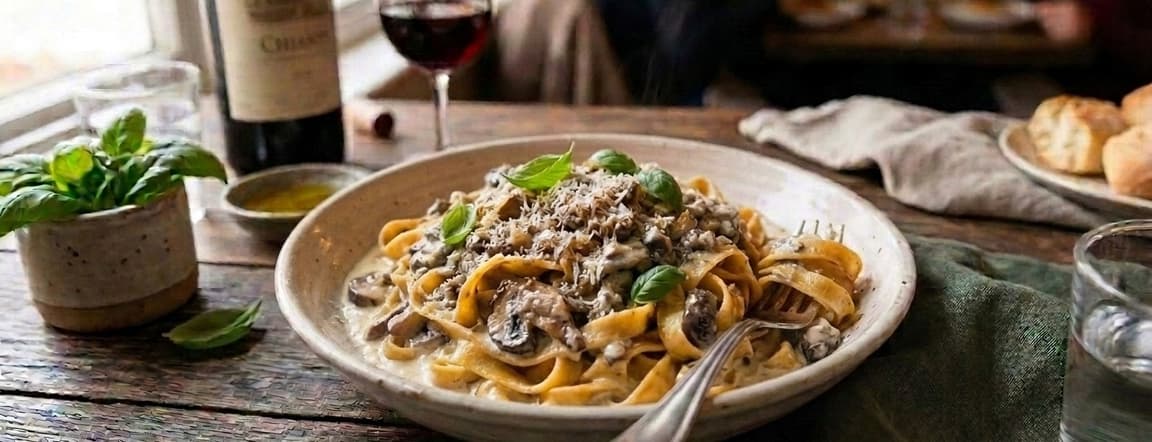 Spaghetti or fettuccine pasta with mushrooms