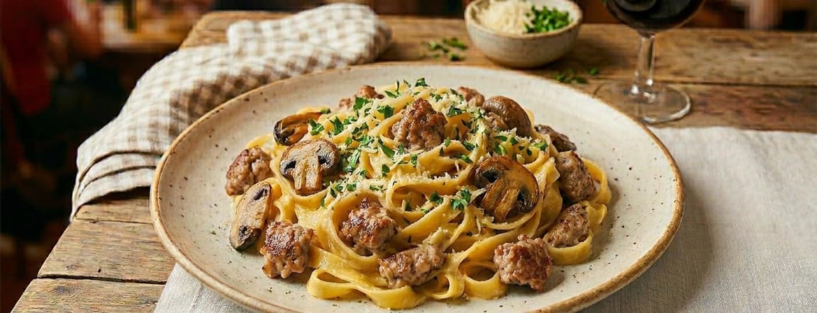 Spaghetti or fettuccine pasta with mushrooms and italian sausage