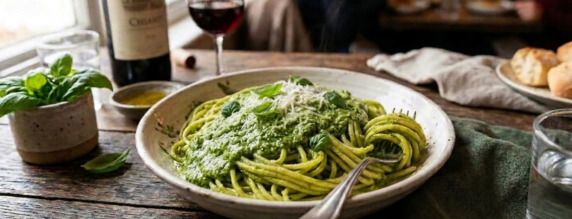 Spaghetti or fettuccine pasta with pesto sauce