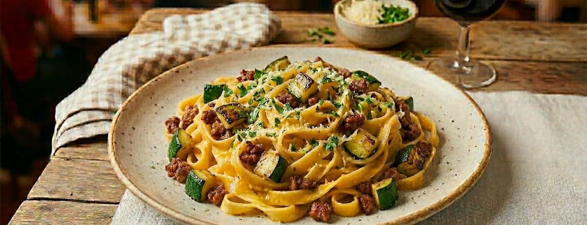 Spaghetti or fettuccine pasta with zucchini and italian sausage