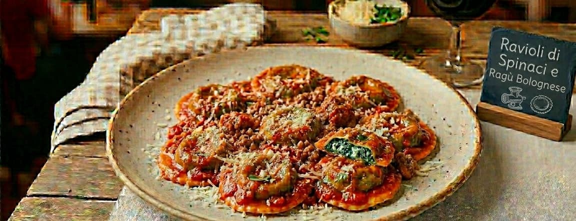 Spinach and ricotta ravioli with bolognese sauce