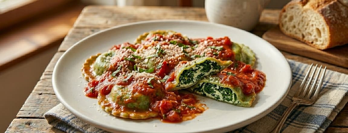 Spinach and ricotta ravioli with tomato sauce