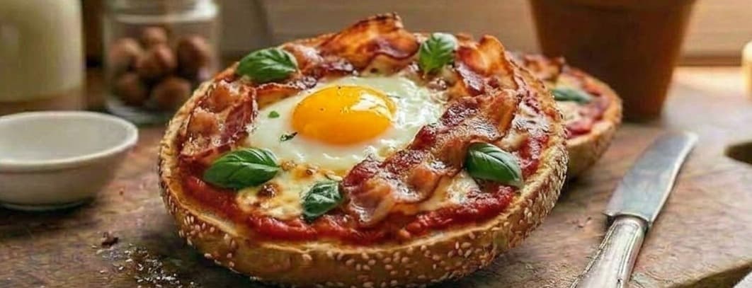 Pizza bagel huevos fritos y tocino