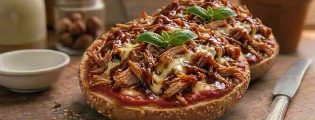Pizza bagel costillas de cerdo deshebrada en salsa bbq