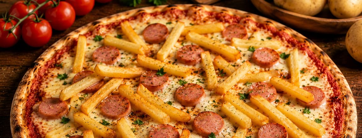 Pizza papas fritas y salchicha