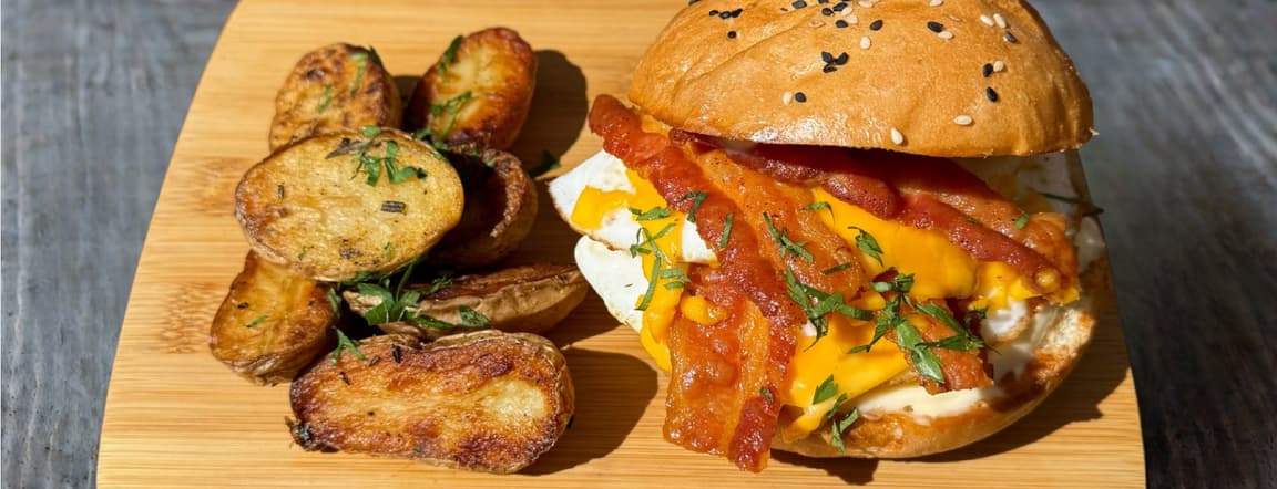 Bacon, egg, and cheese on a bun