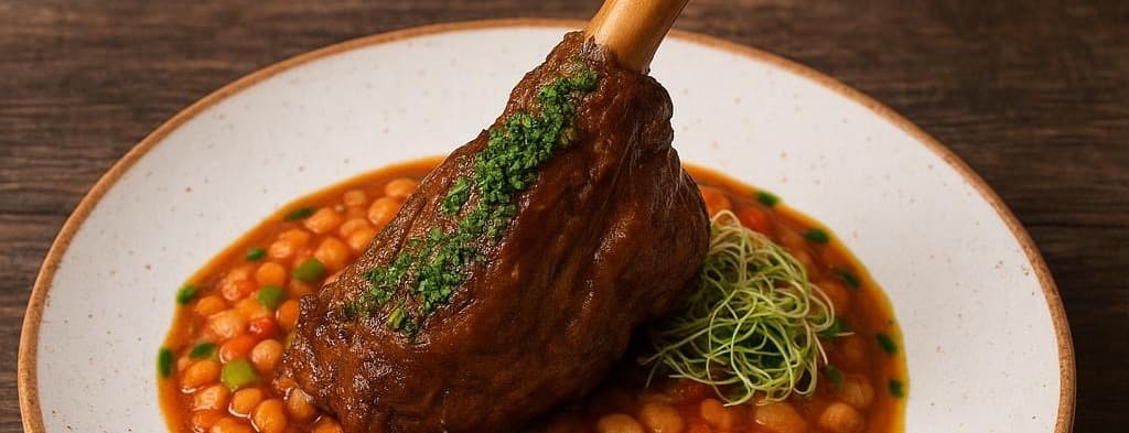 Lamb shank with slow-roasted smoked tomato & pearl beans