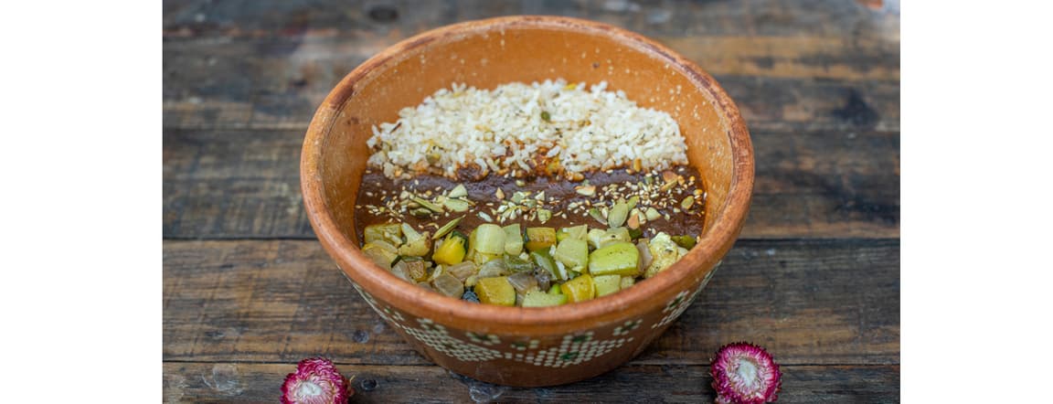 Mole bowl with rice and veggies