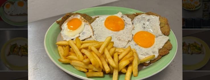 Breaded cutlet with fried eggs (to share)